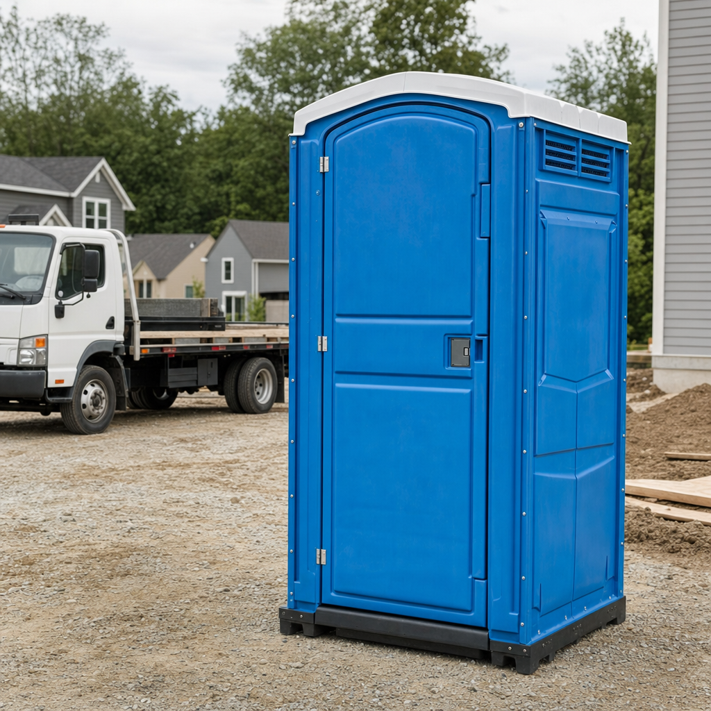 Delivery driver positioning a clean royal-blue portable toilet on level ground at a Spokane worksite