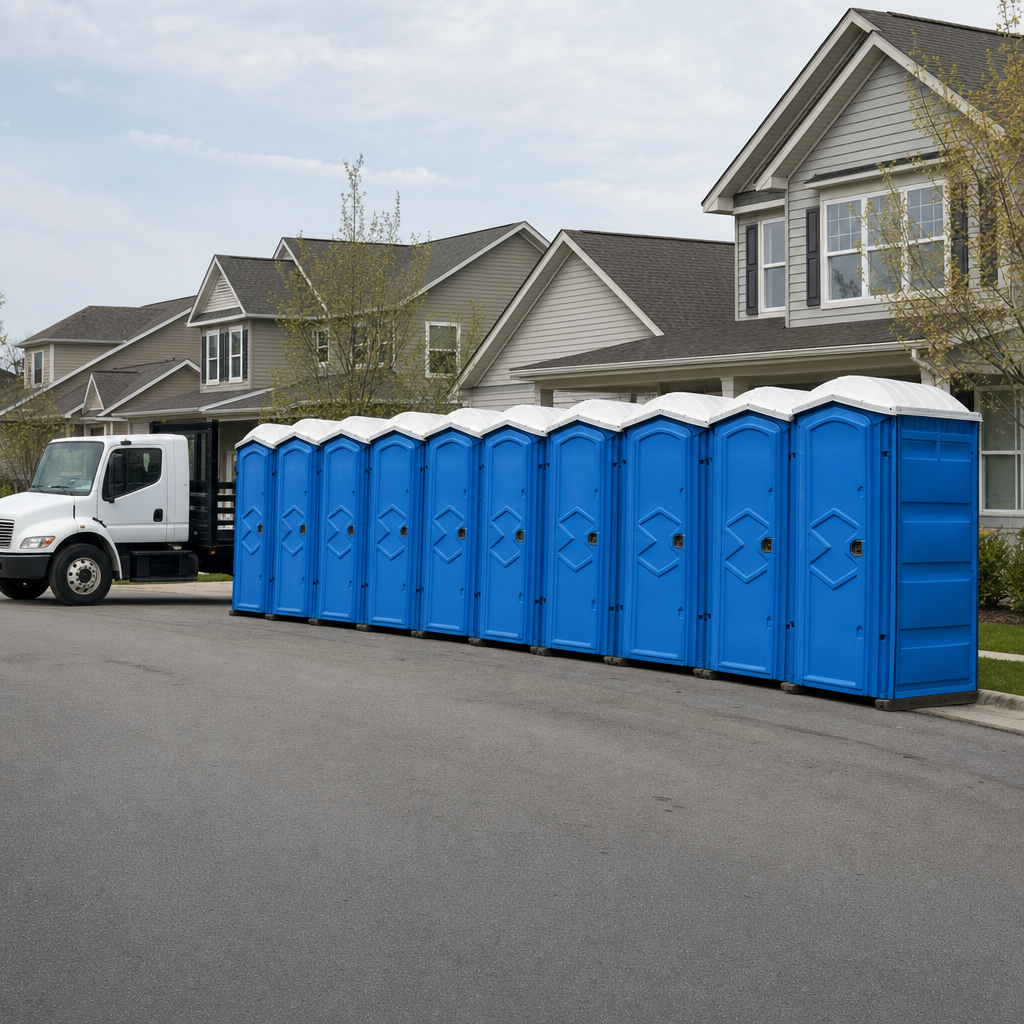 Royal blue portable toilets staged in a tidy row at a Spokane jobsite, ready for delivery